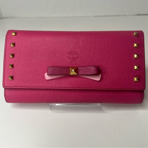 🩷MCM Pink/Gold Studded Bow Long/Continental Zip Around Wallet | PRELOVED!! EUC! - Picture 1 of 16